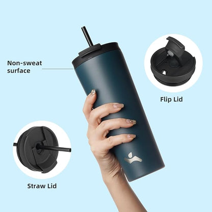 Konokyo 18 OZ Insulated Tumbler with Lid and 2 Straws Stainless Steel Water Bottle Vacuum Travel Mug Coffee Cup,Navy blue