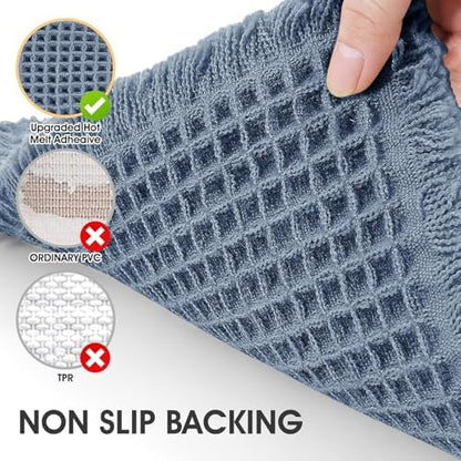 IM HOME Waffle Bath Mat Set 3 Piece Blue,Woven Modern Bath Rug Mats, Absorbent Non Slip Bath Floor Mat, Soft Washable Boho Bath Rugs with Tassels for Bathroom, Bedroom, Kitchen, Tub