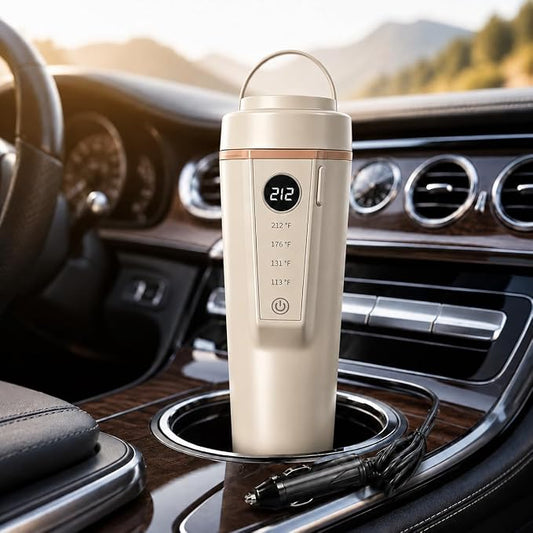 Car Electric Kettle 12V/24V Dual Voltage, Portable Travel Electric Kettle for Road Trips, Mini Small Water Boiler with 4 Temp Control, 316 Stainless Steel,16oz(Beige)