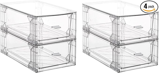 Clear Acrylic Stackable Storage Drawers, Plastic Refrigerator Organizer Bins with Handles for Undersink, Cabinet, Fridge, Closet, Pantry, Office, Bathroom, Kitchen(4 Pack)