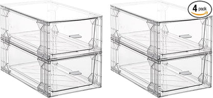 Clear Acrylic Stackable Storage Drawers, Plastic Refrigerator Organizer Bins with Handles for Undersink, Cabinet, Fridge, Closet, Pantry, Office, Bathroom, Kitchen(4 Pack)