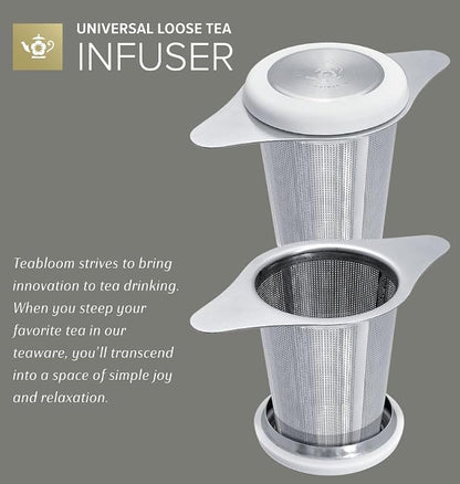 Teabloom Universal Loose Tea Infuser with Dual-Purpose Lid/Dish – Fits Cups, Mugs, Teapots – Tea Connoisseur's Choice – Steep Tea or Coffee