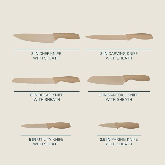 Gibson Home Bostonville 12 Piece Kitchen Knives Set W/Blade Guards/Sheaths, Chef Knife Sets With Nonstick Blades - Taupe