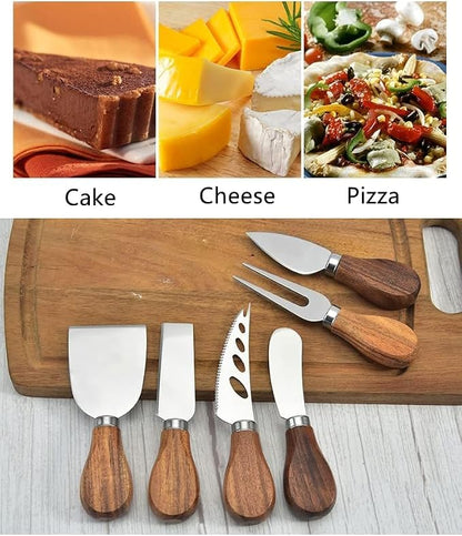 Premium Stainless Steel Cheese Tool Set - Acacia Cheese Knife Set - Cut, Spread All Your Favorite Cheeses (6 Acacia Cheese Set)