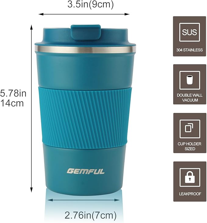 GEMFUL Coffee Mug with Lid 13 oz Spill Proof Leak Proof Stainless Steel Travel Mug Insulated Coffee Tumbler Reusable Keeps Cold and Hot for Car Daily Travel Gifts (Blue)