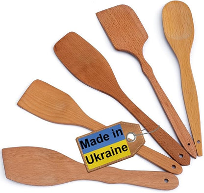ECOSALL Nonstick Wooden Spoons For Cooking – 5 European Premium Spoons Set - 100% Healthy and Natural Wooden Spatula – Long Handled, Strong, Durable, Solid Wood Cooking Utensils for Everyday Cooking