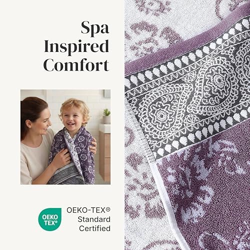 Modern Threads 6 Piece Bath Towel Set – Bathroom Set with 2 Bath Towels, 2 Hand Towels, and 2 Wash Cloths – 100% Cotton, Super Absorbent & Extra Soft – Reversible Floral Trail (Purple)