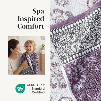 Modern Threads 6 Piece Bath Towel Set – Bathroom Set with 2 Bath Towels, 2 Hand Towels, and 2 Wash Cloths – 100% Cotton, Super Absorbent & Extra Soft – Reversible Floral Trail (Purple)