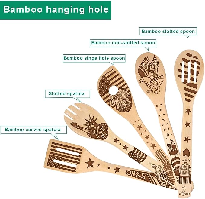 Make American Great Again! American Flag Iconic Architecture Gift Idea Cooking Serving Utensils Natural Bamboo Kitchen House Warming Presents Slotted Wooden Spoons for Cooking Utensils Set of 5…