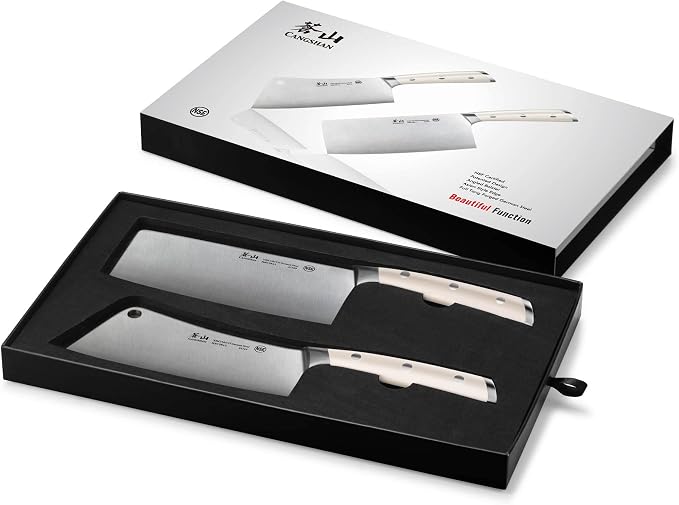 Cangshan S/S1 Series German Steel Forged Chinese Cleaver Knife Set, 2-Piece, 7-Inch Vegetable Cleaver and 7-Inch Meat Cleaver, White Handle