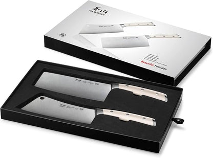 Cangshan S/S1 Series German Steel Forged Chinese Cleaver Knife Set, 2-Piece, 7-Inch Vegetable Cleaver and 7-Inch Meat Cleaver, White Handle
