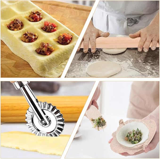 5 Pieces Ravioli Mold Set,Includes 12 Holes Ravioli Maker Press, Wood Rolling Pin,Dumpling Press Mold, Filling Spoon,Ravioli Cutter,for Ravioli Press Mold Pasta Making Tools