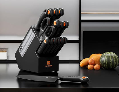 WIZEKA Kitchen Knife Block Set: 15 Pieces Dishwasher Safe Knives Set for Kitchen, Ultra Sharp Black Knife Set With Sharpener, Non-Slip Handle, Anti-Rust Coating, Dark Vision Series, Fathers day