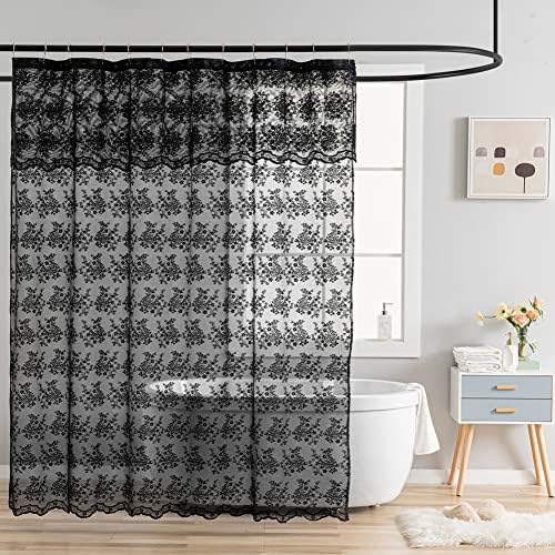 YJ YANJUN Black Lace Shower Curtain for Bathroom 72x72, Gothic Style with Attached Valance