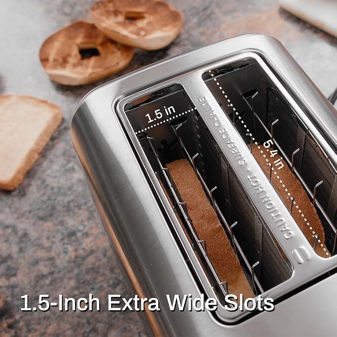 RAMJOY Toaster 2 Slice, Extra Wide Slot Toaster for Bagels, Bread, Waffles, 7 Shade Settings, 4 Main Functions, Removable Crumb Tray, 900 Watts Toasters, Brushed Stainless Steel