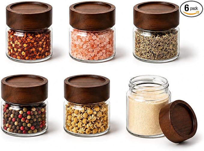 Wide Mouth Glass Storage Jars With 2.5" Acacia Wood Lids - 6 Pack of 4 Oz Food Storage Containers - Borosilicate Glass Canisters Sets For Kitchen - Pantry Organizers and Storage for Rice Coffee Beans