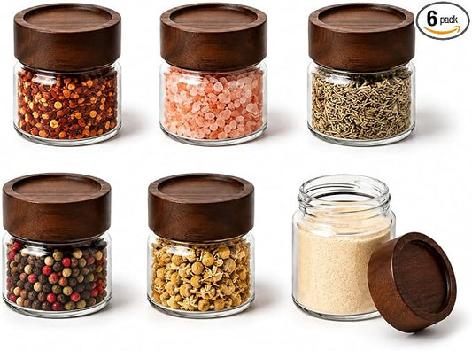 Wide Mouth Glass Storage Jars With 2.5" Acacia Wood Lids - 6 Pack of 4 Oz Food Storage Containers - Borosilicate Glass Canisters Sets For Kitchen - Pantry Organizers and Storage for Rice Coffee Beans