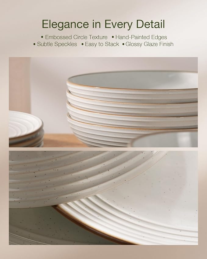 Famiware Jupiter 18-Piece Stoneware Dinnerware Sets for 6 – Handcrafted Plates and Bowls with Speckles & Embossed Swirls, Chip & Scratch Resistant, Modern Rustic Dishes for Daily & Formal Use, White