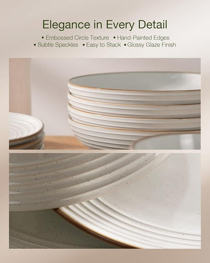 Famiware Jupiter 24-Piece Stoneware Dinnerware Set, Handcrafted Plates and Bowls with Speckles & Embossed Swirls, Chip/Scratch Resistant, Microwave/Dishwasher Safe, Rustic Dishes, Service for 8, White