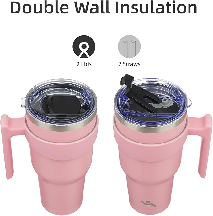 Konokyo 40 oz Tumbler with Handle and 2 Straw 2 Lid, Insulated Water Bottle Stainless Steel Vacuum Cup Reusable Travel Mug, Light Pink