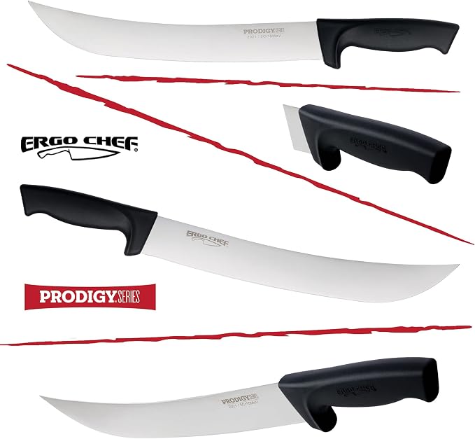 Ergo Chef Prodigy Series 12-Inch Cimeter Breaking Knife - High Carbon Stainless Steel Butcher Knife with Curved Blade, Ergonomic Non-Slip Handle, Black