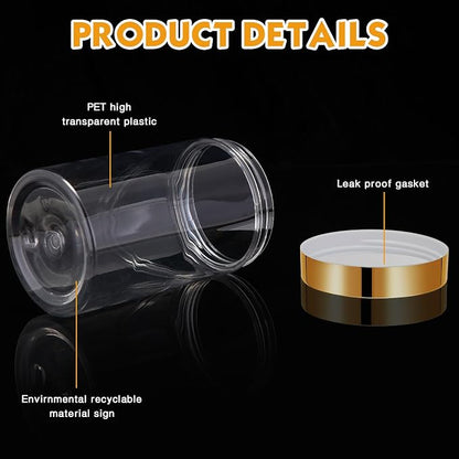 SATINIOR 24 Pieces Empty Clear Plastic Jars with Lids Round Storage Containers Wide Mouth for Beauty Product Cosmetic Cream Lotion Liquid Butter Craft and Food(Gold Lid,12 oz)