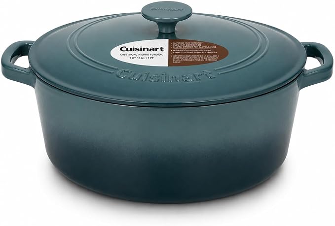 Cuisinart Chef's Classic Enameled Cast Iron Dutch Oven with Lid, Porcelain Enameled Interior, Oven Safe, Induction Compatible, 7-Quart, Round, Teal Gradient