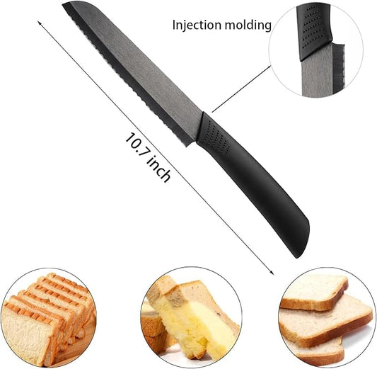Ceramic Bread Knife - 6" Sharp Blade Serrated Kitchen Knife with Cover,Black