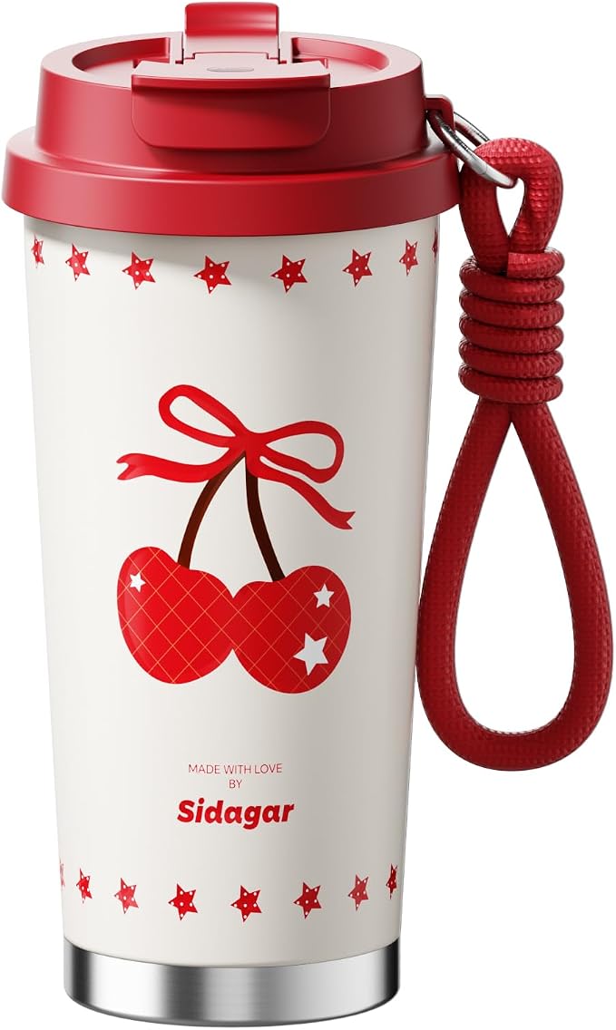 Insulated Travel Coffee Mug,18 oz Stainless Steel Coffee Tumbler with Flip Straw, Double Wall Thermal Cup with Leak Proof Lid,Reusable Ceramic Water Bottle for Office, Cherry