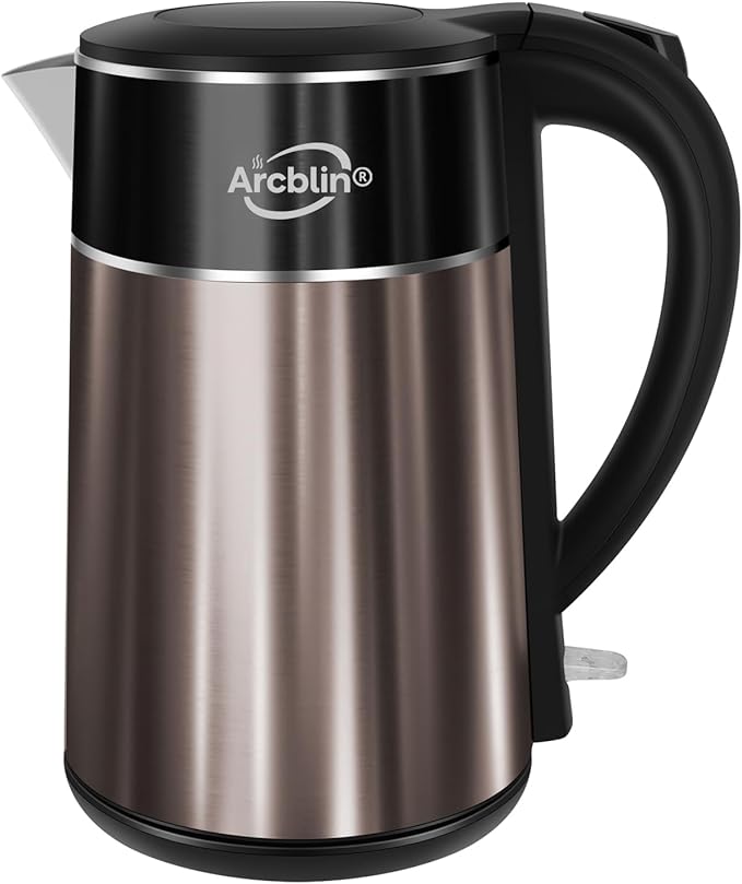 Electric Kettle 1.8L, 1350W Fast Boiling Tea Kettle and Hot Water Boiler, Double Wall Cool Touch Design with 100% Stainless Steel Interior, Auto Shut-Off & Boil-Dry Protection, Black and Gold