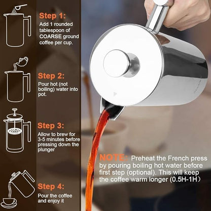 Secura French Press Coffee Maker, 304 Grade Stainless Steel Insulated Coffee Press with 2 Extra Screens, 12oz (0.35 Litre), Silver