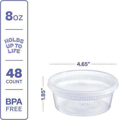 GUSTO 8 oz. Plastic Deli Disposable Food Storage Containers with Airtight Lids - [48 Sets] Slime Containers (Formerly Comfy Package)