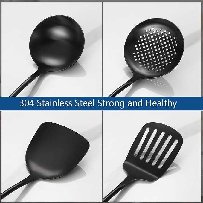 304 Stainless Steel Kitchen Utensils Set, 4 Pcs Long Cooking Utensils Set with Wooden Handle, Large Heat Resistant Kitchen Tools(Black, Dishwasher Safe)