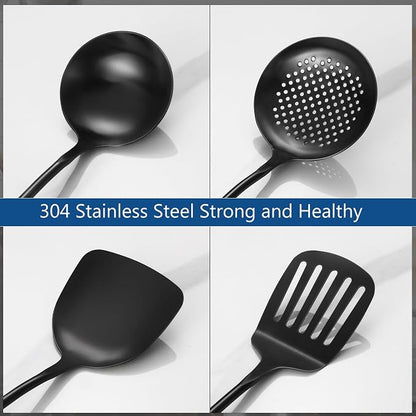 304 Stainless Steel Kitchen Utensils Set, 4 Pcs Long Cooking Utensils Set with Wooden Handle, Large Heat Resistant Kitchen Tools(Black, Dishwasher Safe)
