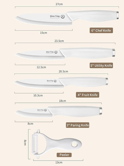 Pure Strengthening Ceramic Knife Set for Kitchen with Sheath 9Pcs: 100% Zirconia Ceramic Sharp Blade Fruit Cutting Knives with Cover Rustproof Clean Cut Edge White Handle