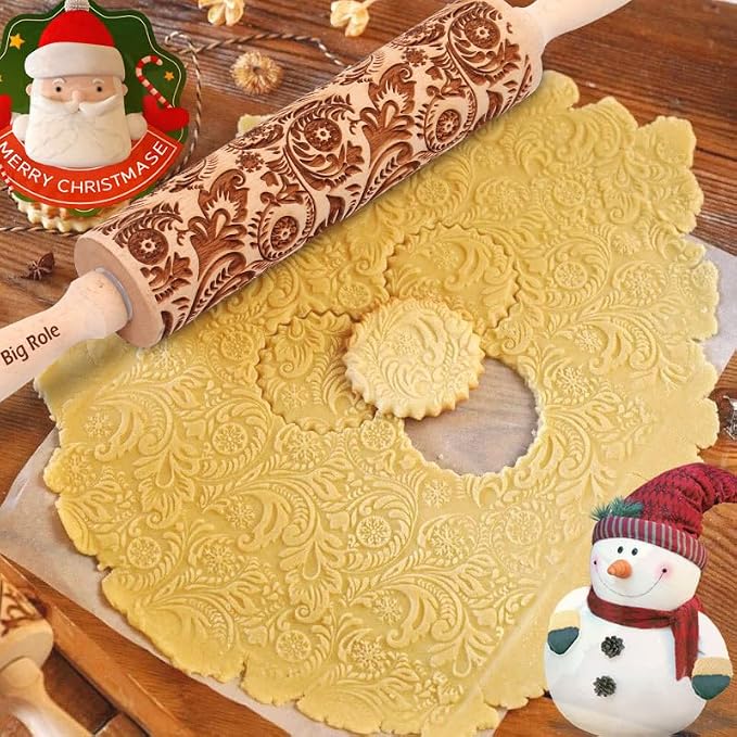 Christmas Embossed Rolling Pin for Baking Cookies Embossing Rolling Pins with Design Wooden Engraved Springerle Roller Pin Dough Snowflake Paisley Patterned Clay Pottery Ceramic Bakers (Floral Frost)