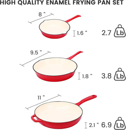 Hisencn Enameled Cast Iron Frying Pan Set, 3 Piece Set of 8''/9.5''/11'' Skillets, PFAS & PTFE & PFOA Free, Gas/Induction/Electric/Oven Compatible, Rouge Red