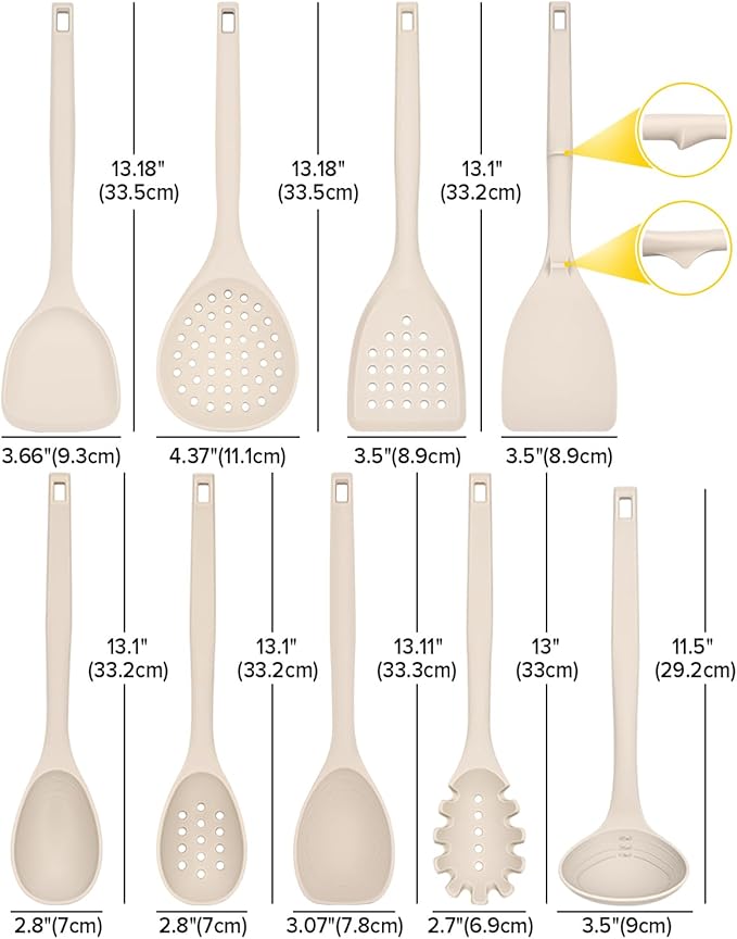 Silicone Cooking Utensils Set, 9 Pcs Heat Resistant Kitchen Utensils with Back Hooks, BPA Free Kitchen Tools with Spatulas, Spoons, Skimmer and Pasta Fork for Non Stick Cookware(KHAKI)