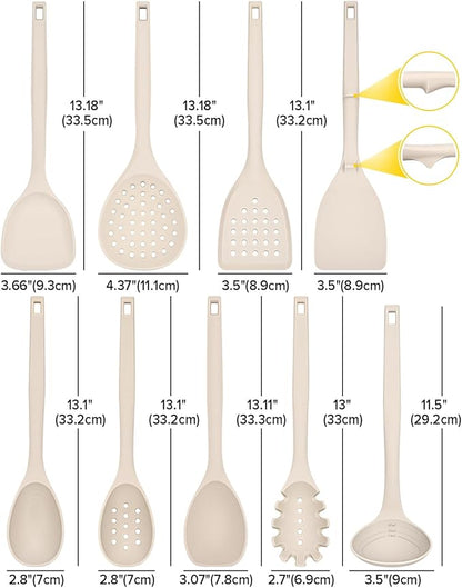 Silicone Cooking Utensils Set, 9 Pcs Heat Resistant Kitchen Utensils with Back Hooks, BPA Free Kitchen Tools with Spatulas, Spoons, Skimmer and Pasta Fork for Non Stick Cookware(KHAKI)