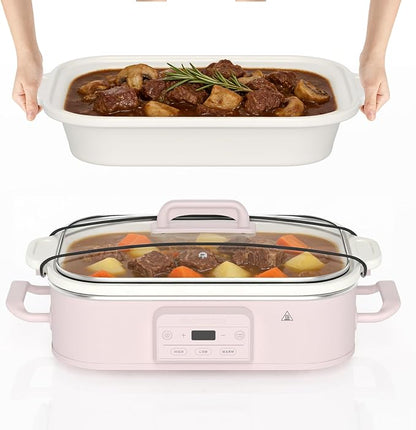4 Quart Casserole Programmable Slow Cooker with Ceramic Baking Dish - Perfect Kitchen Small Appliance for Family Dinners, Oven Safe and Durable Bakeware for Lasagna, Roasts, Pink