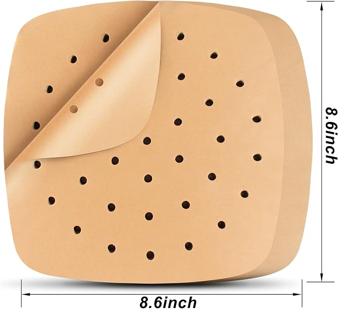 Air Fryer Liners, 200Pcs Square, 8.5 Inch Perforated Parchment Paper Sheets for Baking, HOFHTD Parchment Paper for Air Fryer and Bamboo Steaming Basket (Unbleached)