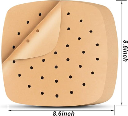 Air Fryer Liners, 200Pcs Square, 8.5 Inch Perforated Parchment Paper Sheets for Baking, HOFHTD Parchment Paper for Air Fryer and Bamboo Steaming Basket (Unbleached)