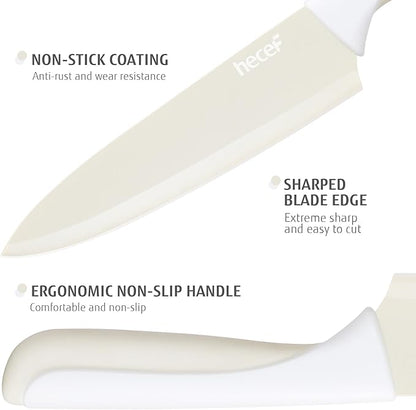hecef 15 Pieces Kitchen Knife Set with Built-in Sharpening Wooden Block, Dishwasher Safe, High Carbon Stainless Steel Knife Block Set with Steak Knives, Kitchen Scissors, Cream White