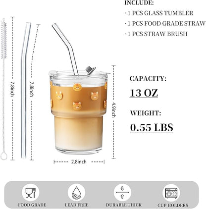 Olvini 13oz Glass Tumbler with Straw and Lid, Reusable Iced Coffee Cup Tumbler, Cute Glass Cups for Water, Matcha, Travel Coffee Mugs (Cute Cat - 13oz)