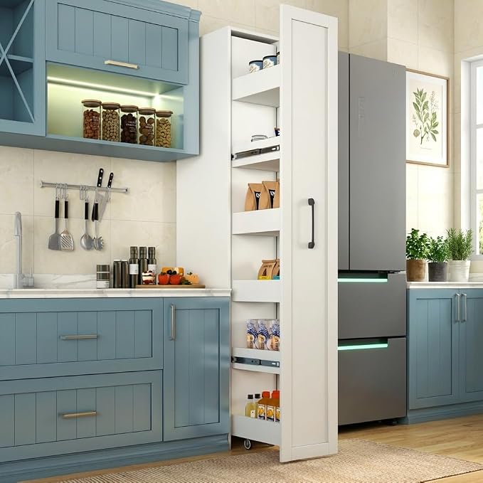 Slim Rolling Storage Cart, Pull Out Spice Rack, 6-Tier Rolling Pantry for Kitchen Fridge Gap & Laundry Room, Space-Saving Slide Out Utility Cabinet (White, with Side Panel)