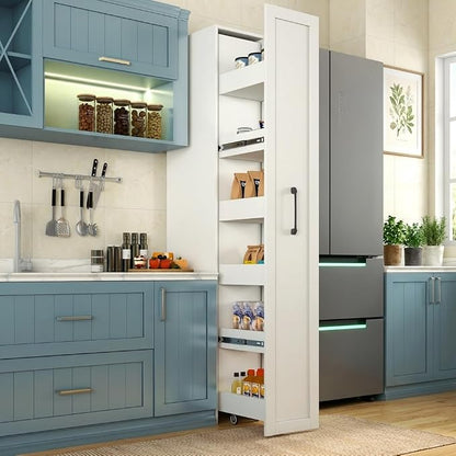 Slim Rolling Storage Cart, Pull Out Spice Rack, 6-Tier Rolling Pantry for Kitchen Fridge Gap & Laundry Room, Space-Saving Slide Out Utility Cabinet (White, with Side Panel)