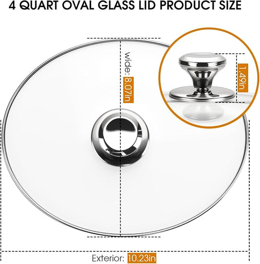 Oval Glass Lid 4 Quart Replacement for Hamilton Beach 33443 Slow Cooker, 4qt Slow Lid Replacement, Clear Cooker Lid Replacement Part