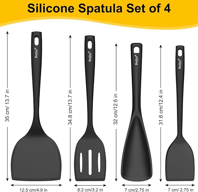 Beijiyi 4 Pack Silicone Spatula Set, High Heat Resistant, For Non-Stick Pan | Food Grade, BPA Free, Scratch-Free, Non-Toxic Kitchen Utensils, Turner Flipper for Cooking, Flipping, Dishwasher Safe
