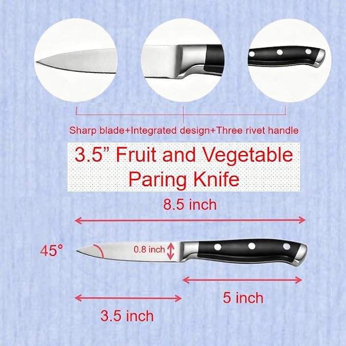 3.5 Inch High Carbon Steel Fruit and Vegetable Paring Knife, Triple Rivet Compact Knives with Ergonomic Handle, Ultra Sharp Small Kitchen Knife for Peeling, Slicing and Garnish