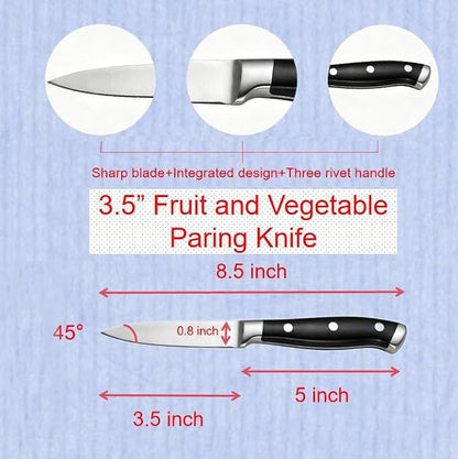 3.5 Inch High Carbon Steel Fruit and Vegetable Paring Knife, Triple Rivet Compact Knives with Ergonomic Handle, Ultra Sharp Small Kitchen Knife for Peeling, Slicing and Garnish